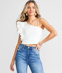 Ruffled One Shoulder Cropped Tank Top