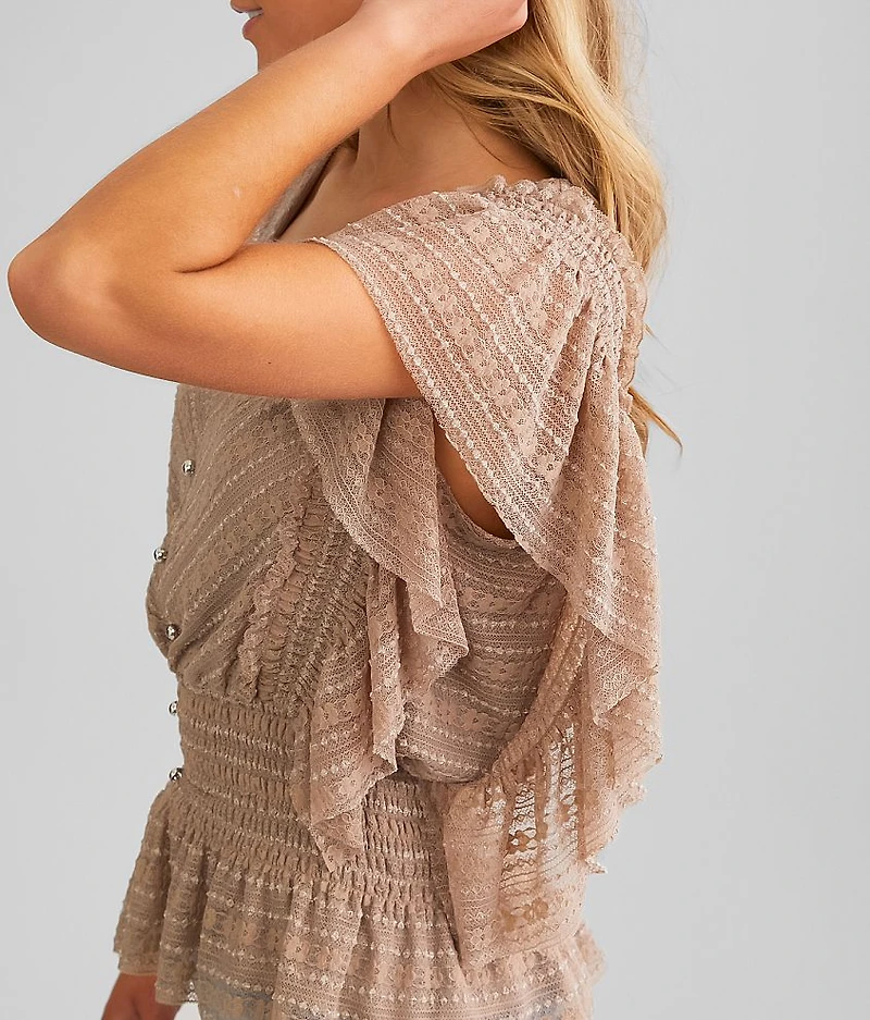 Flutter Sleeve Mesh Lace Top
