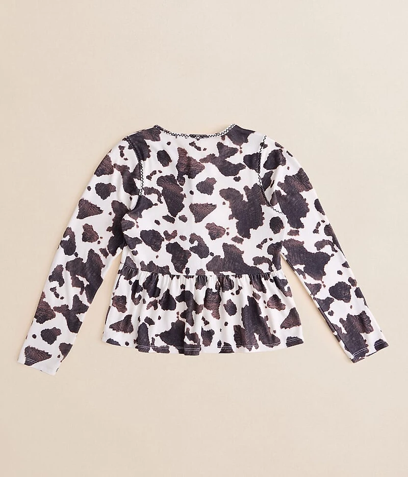 Girls - Brushed Cow Print Peplum Top