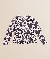 Girls - Brushed Cow Print Peplum Top