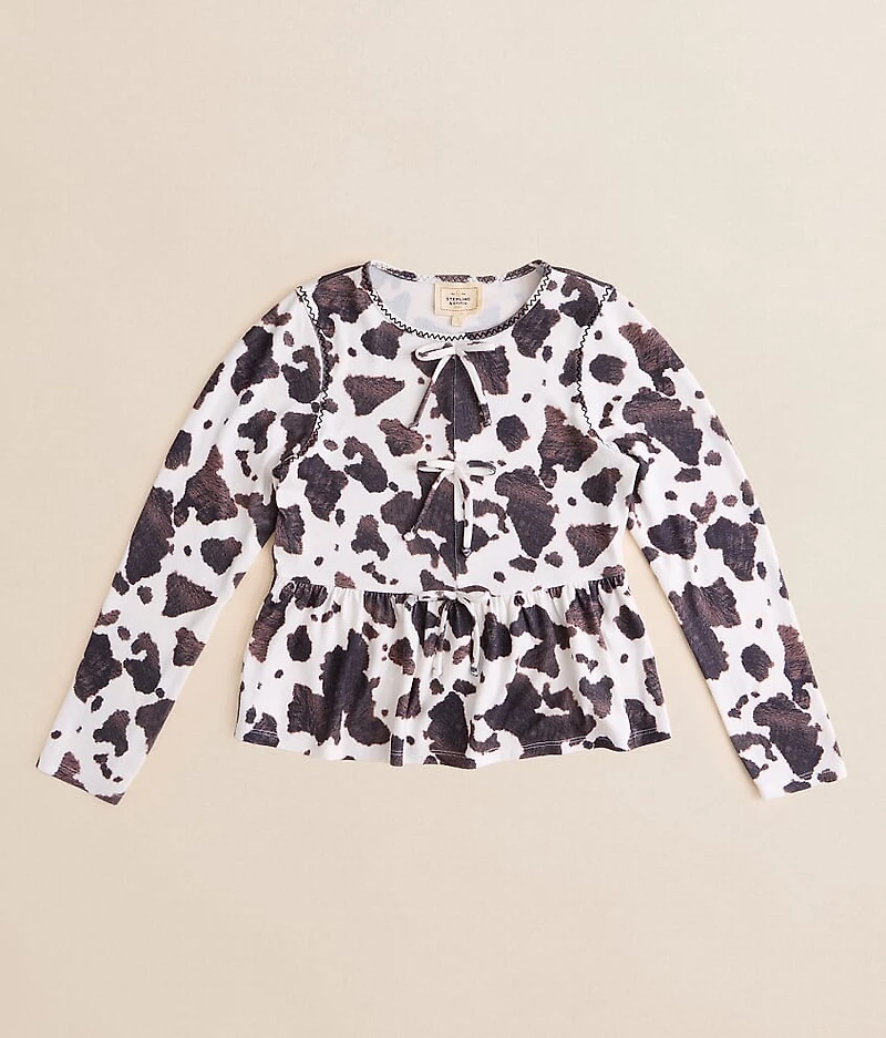 Girls - Brushed Cow Print Peplum Top