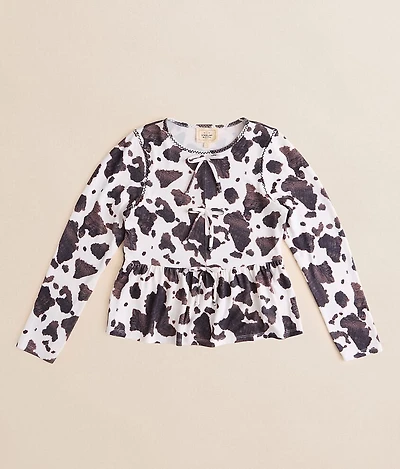 Girls - Brushed Cow Print Peplum Top