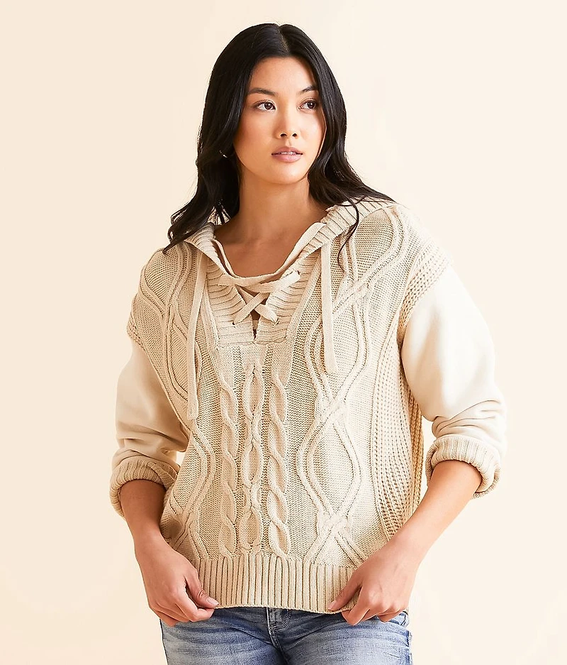 Cable Lace-Up Hooded Sweater