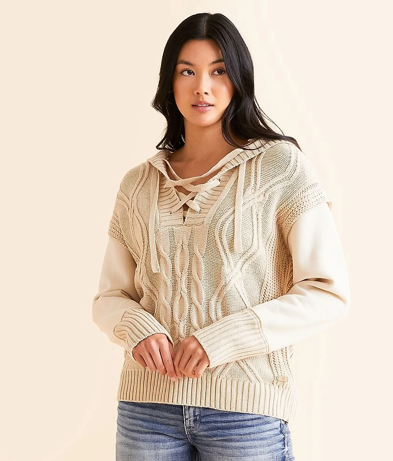 Cable Lace-Up Hooded Sweater