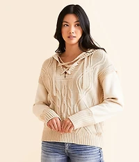 Cable Lace-Up Hooded Sweater
