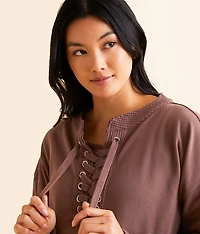 Pieced Lace-Up Pullover