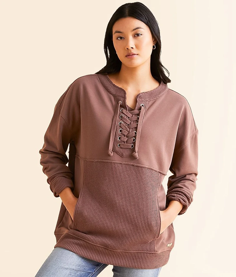 Pieced Lace-Up Pullover