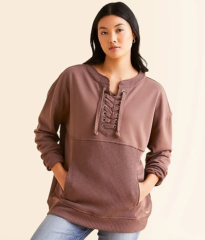 Pieced Lace-Up Pullover