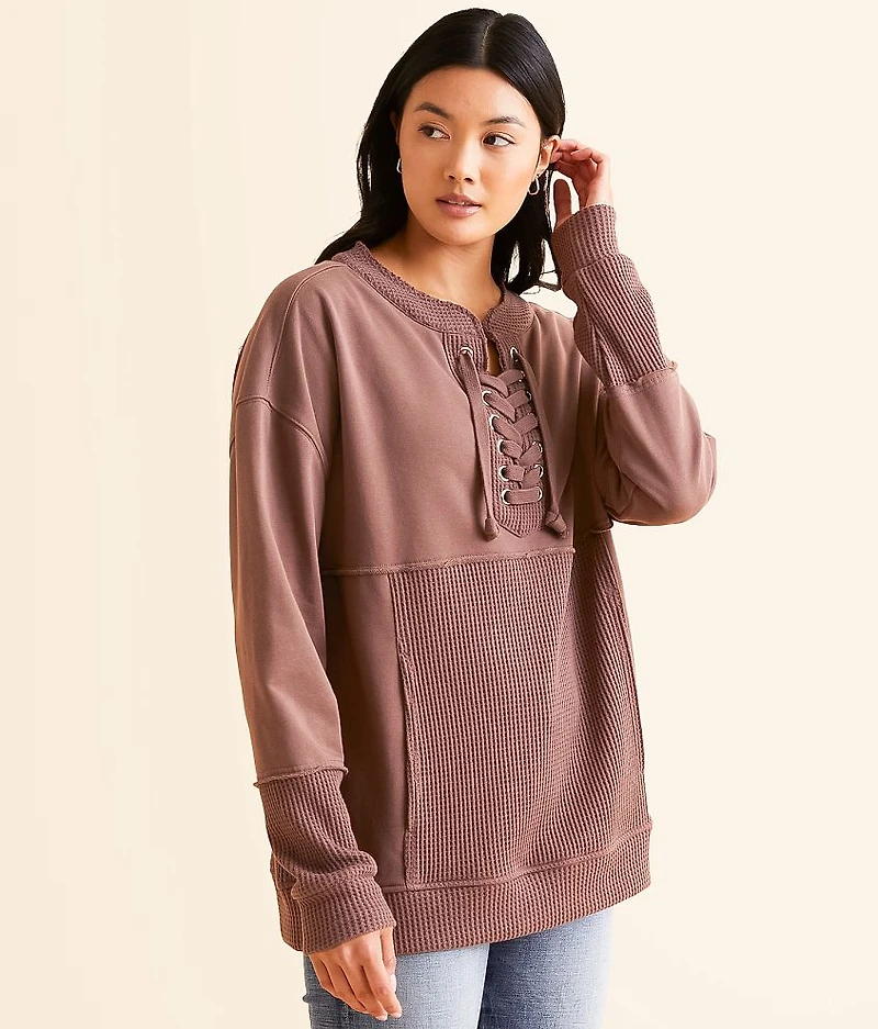 Pieced Lace-Up Pullover