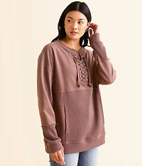Pieced Lace-Up Pullover