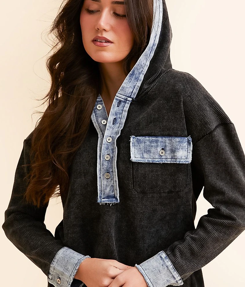 Waffle Knit Denim Hooded Henley