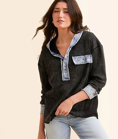 Waffle Knit Denim Hooded Henley