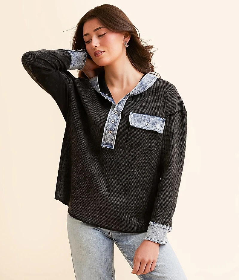 Waffle Knit Denim Hooded Henley