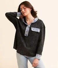 Waffle Knit Denim Hooded Henley