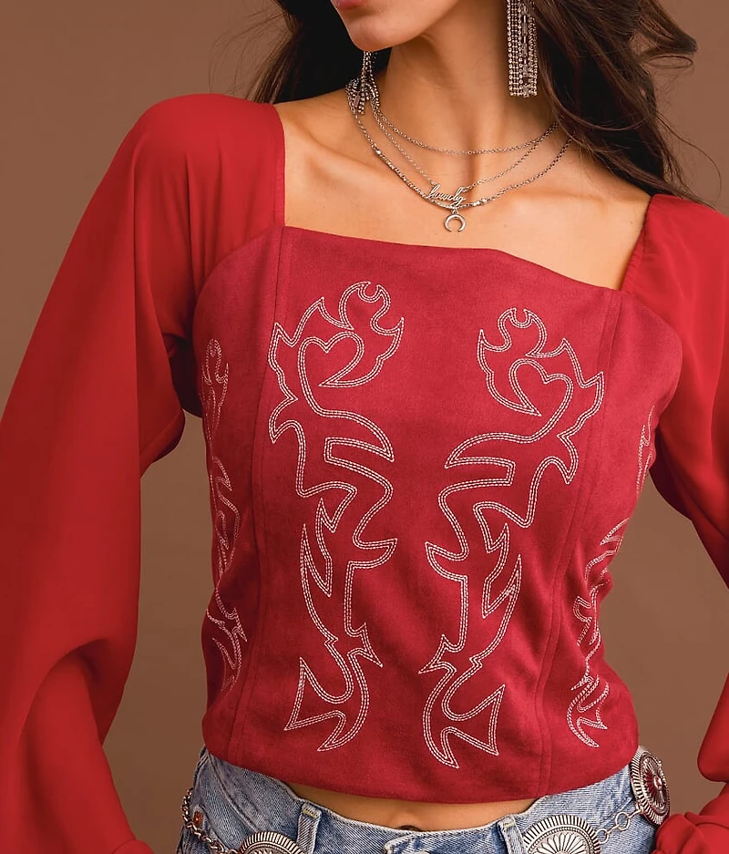 Boot Stitch Faux Suede Cropped Top