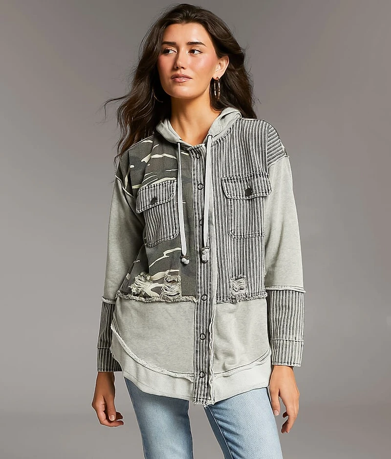 Pieced Camo Stripe Hooded Shacket