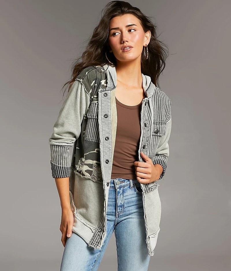 Pieced Camo Stripe Hooded Shacket