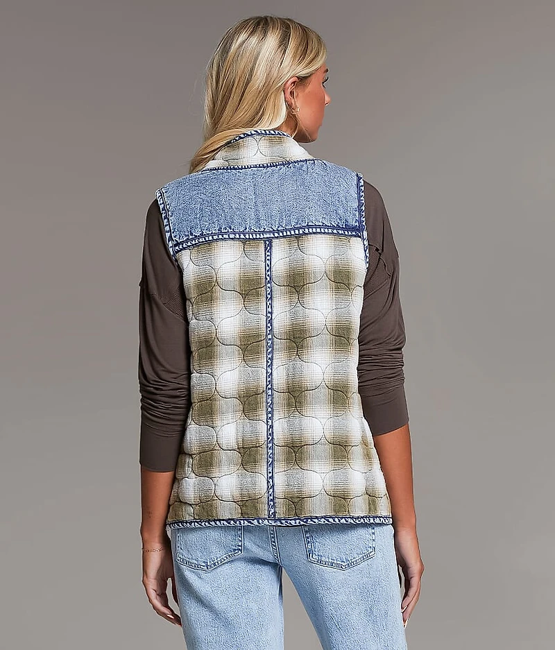 Pieced Plaid Denim Vest