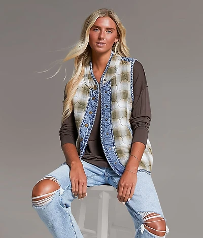 Pieced Plaid Denim Vest