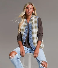 Pieced Plaid Denim Vest