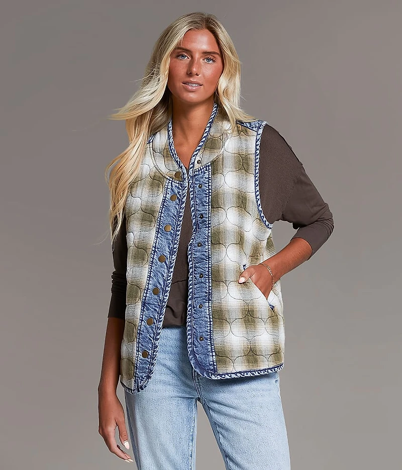 Pieced Plaid Denim Vest