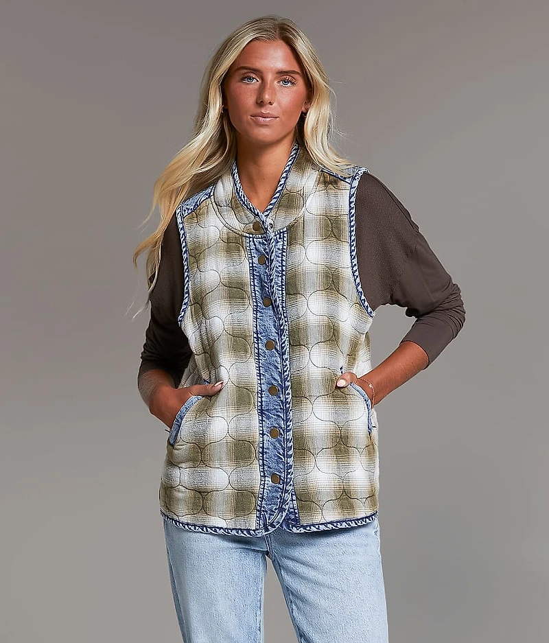 Pieced Plaid Denim Vest
