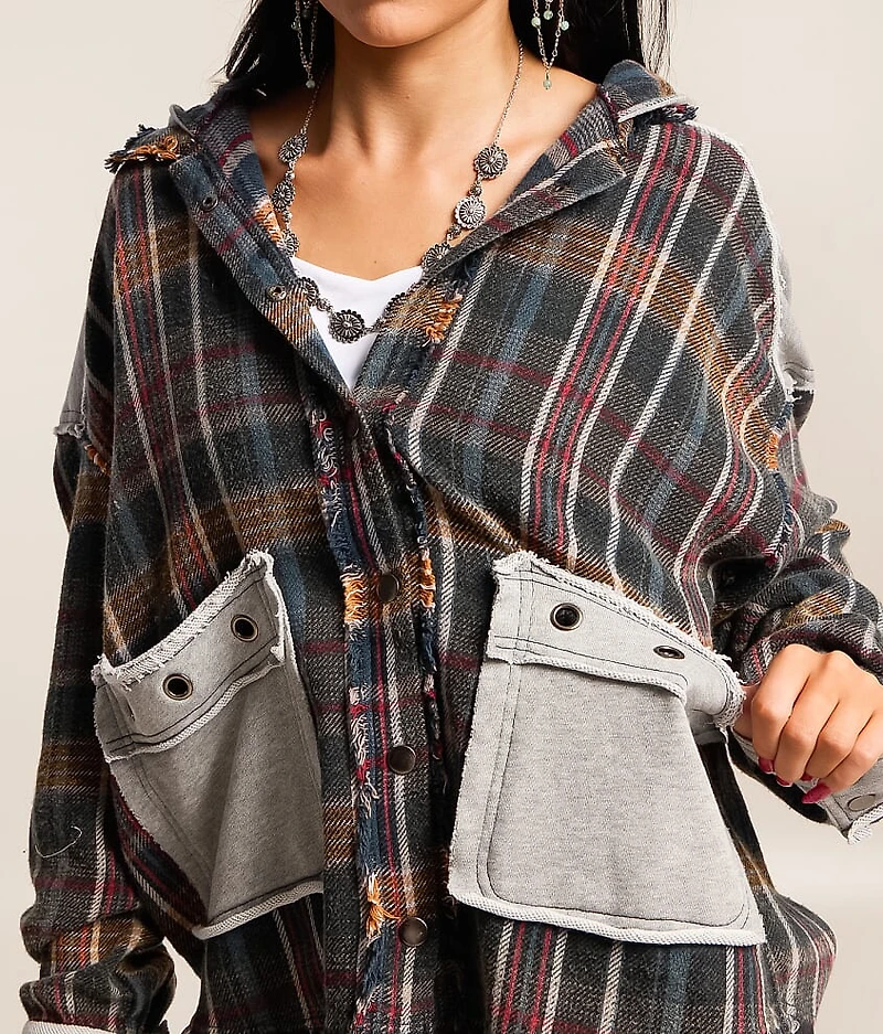 Pieced Plaid Hooded Shacket