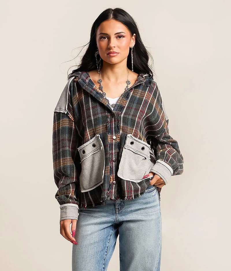 Pieced Plaid Hooded Shacket