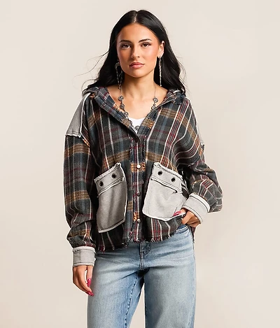 Pieced Plaid Hooded Shacket