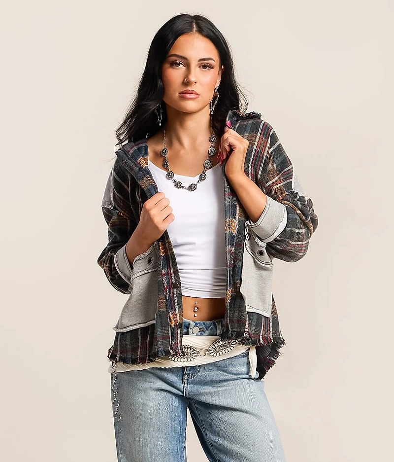 Pieced Plaid Hooded Shacket