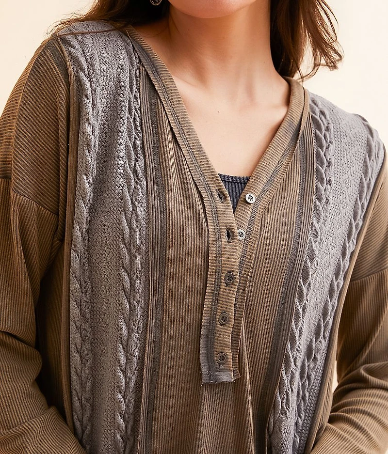 Pieced Cable Knit Washed Henley