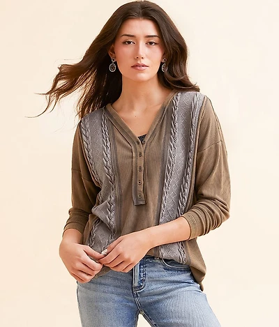 Pieced Cable Knit Washed Henley