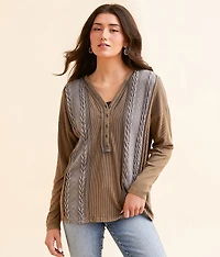 Pieced Cable Knit Washed Henley