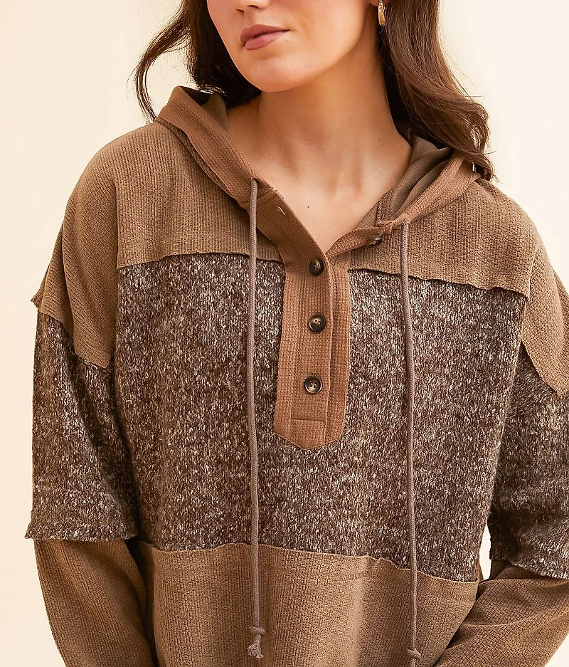 Pieced Hooded Henley Pullover