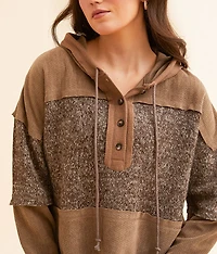 Pieced Hooded Henley Pullover