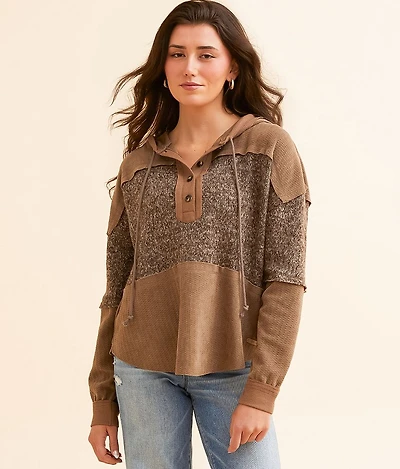 Pieced Hooded Henley Pullover