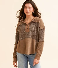 Pieced Hooded Henley Pullover