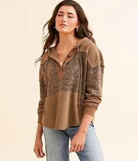 Pieced Hooded Henley Pullover