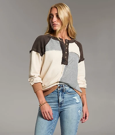 Pieced Stripe Oversized Henley Pullover