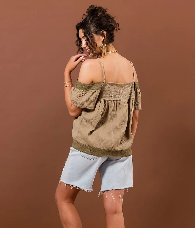 Embroidered Cold Shoulder Top