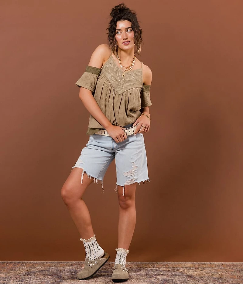 Embroidered Cold Shoulder Top