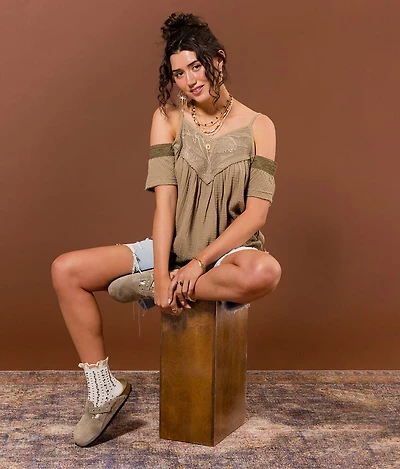 Embroidered Cold Shoulder Top