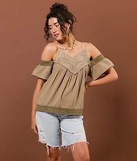 Embroidered Cold Shoulder Top