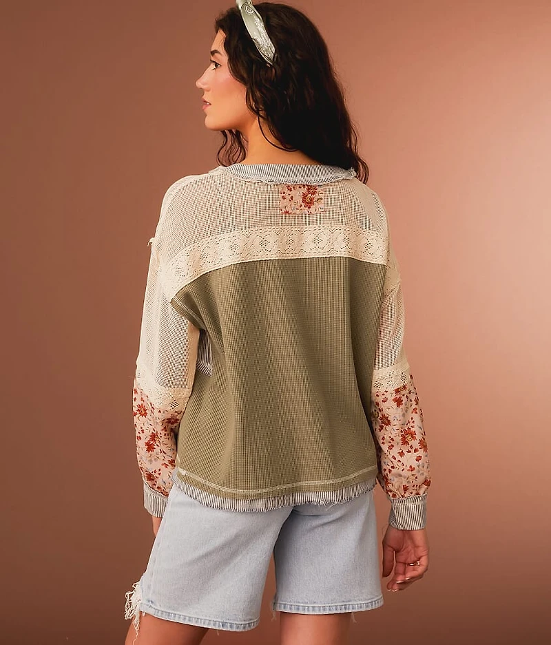 Pieced Floral Boxy Henley