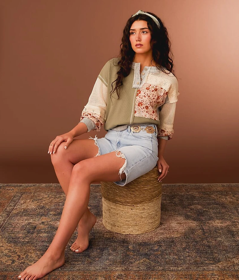 Pieced Floral Boxy Henley