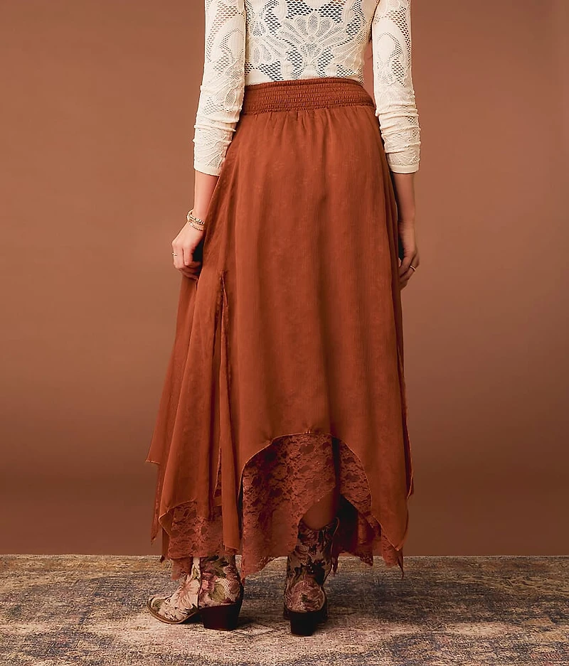 Textured Chiffon Lace Trim Midi Skirt