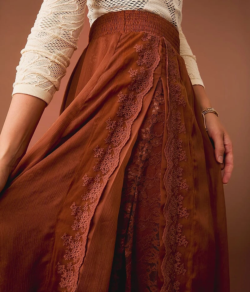 Textured Chiffon Lace Trim Midi Skirt