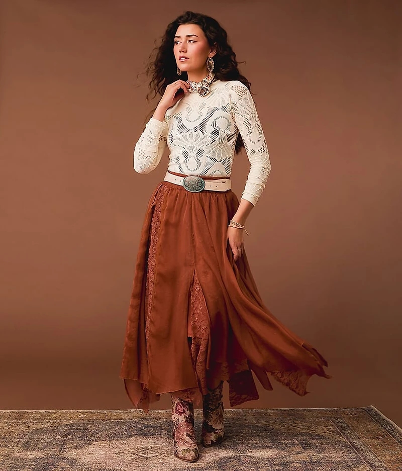 Textured Chiffon Lace Trim Midi Skirt