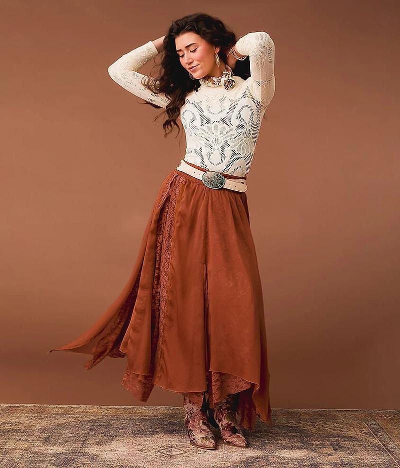 Textured Chiffon Lace Trim Midi Skirt