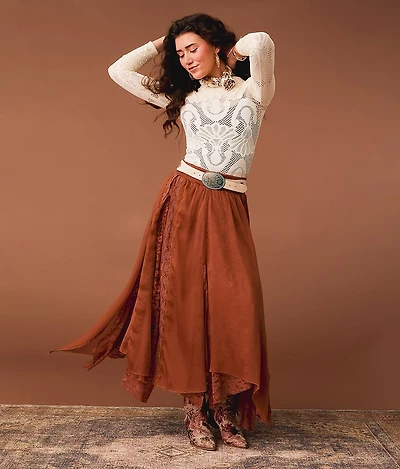 Textured Chiffon Lace Trim Midi Skirt